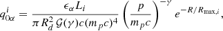 $$ \begin{aligned} q^{i}_{0\alpha } = \frac{\epsilon _{\alpha } L_i}{\pi R_d^2\, \mathcal{G} (\gamma ) c(m_p c)^4} \left(\frac{p}{m_pc}\right)^{-\gamma } e^{-R/R_{\mathrm{max}, i}}, \end{aligned} $$