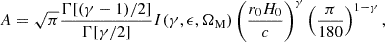 $$ \begin{aligned} A = \sqrt{\pi } \frac{\Gamma [(\gamma -1)/2]}{\Gamma [\gamma /2]} I(\gamma , \epsilon , \Omega _\mathrm{M} ) \left( \frac{ r_0H_0}{c}\right)^{\gamma } \left(\frac{\pi }{180}\right)^{1-\gamma }, \end{aligned} $$