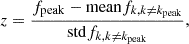$$ \begin{aligned} z = \frac{f_{\mathrm{peak} } - \mathrm{mean} f_{k,k \ne k_{\mathrm{peak} }}}{\mathrm{std} f_{k, k \ne k_{\mathrm{peak} }}}, \end{aligned} $$