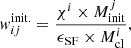 $$ \begin{aligned} { w}^{\mathrm{init.}}_{ij} = \frac{\chi ^{i} \times M_{\mathrm{init}}^{j}}{\epsilon _{\mathrm{SF}} \times M_{\mathrm{cl}}^{i}}, \end{aligned} $$