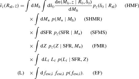 $$ \begin{aligned} \bar{\varepsilon }_i(R_{\rm nl}, z) =&\int \mathrm{d}M_h \int \mathrm{d}\delta _0 \frac{\mathrm{d}n (M_h, z ~|~R_0, \delta _0)}{\mathrm{d}M_h} p_z(\delta _0 ~|~ R_{\rm nl}) \qquad (\mathrm{HMF})\nonumber \\&\quad \times \int \mathrm{d}M_{*} \ p(M_{*}~|~M_{\rm h}) \qquad (\mathrm{SHMR}) \\&\quad \times \int \mathrm{dSFR} \ p_z(\mathrm{SFR}~|~M_*) \qquad {(\mathrm{SFMS})} \nonumber \\&\quad \times \int \mathrm{d}Z \ p_z(Z ~ |~ \mathrm{SFR}, M_{*}) \ \qquad {(\mathrm{FMR})} \nonumber \\&\quad \times \int \ \mathrm{d}L_i \ L_i \ p(L_i~|~\mathrm{SFR}, Z) \\ \qquad {(\mathrm{L})}&\quad \times \int \mathrm{d}f_{\rm esc, i} \ f_{\rm esc, i} \ p(f_{\rm esc, i}). \qquad {(\mathrm{EF})} \end{aligned} $$