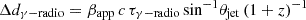 $ \Delta d_{\mathrm{\gamma-radio}} = \beta_{\mathrm{app}}\,c\,\tau_{\mathrm{\gamma-radio}}\,\textup{sin}^{-1}\theta_{\mathrm{jet}}\,(1+z)^{-1} $