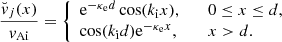 $$ \begin{aligned} \dfrac{{\breve{v}}_j (x)}{{v_{\rm Ai}}}= \left\{ \begin{array}{ll} {\mathrm{e}^{-{\kappa _{\rm e}}d}} \cos ({k_{\rm i}}x),&\quad 0 \le x \le d, \\ \cos ({k_{\rm i}}d) {\mathrm{e}^{-{\kappa _{\rm e}}x}},&\quad x > d. \end{array} \right. \end{aligned} $$