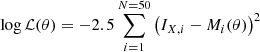 $$ \begin{aligned} \log \mathcal{L} (\theta ) = -2.5 \sum _{i = 1}^{N = 50} \left( I_{X,i} - M_i (\theta ) \right)^2 \end{aligned} $$