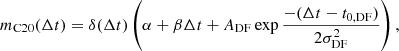 $$ \begin{aligned} m_{\rm C20}(\Delta t) = \delta (\Delta t) \left( \alpha + \beta \Delta t + A_{\rm DF} \exp {\frac{-(\Delta t - t_{0,\mathrm{DF}})}{2 \sigma _{\rm DF}^2}} \right), \end{aligned} $$