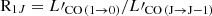 $ \mathrm{R}_{1J} = L\prime_{\mathrm{CO}\,(1\rightarrow 0)}/L\prime_{\mathrm{CO}\,(\mathrm{J} \rightarrow \mathrm{J-1})} $