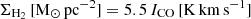 $ \Sigma_{\mathrm{H}_2}\,[\mathrm{M}_{\odot}\,\mathrm{pc}^{-2}] = 5.5\,I_{\mathrm{CO}}\,[\mathrm{K\,km\,s}^{-1}] $