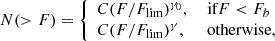 $$ \begin{aligned} N(>F) = {\left\{ \begin{array}{ll} C (F/F_{\mathrm{lim}})^{\gamma _0},&\text{ if} F < F_b\\ C (F/F_{\mathrm{lim}})^{\gamma },&\text{ otherwise,} \end{array}\right.} \end{aligned} $$