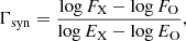 $$ \begin{aligned} \Gamma _{\rm syn} = \frac{\log F_{\rm X} - \log F_{\rm O}}{\log E_{\rm X} - \log E_{\rm O}}, \end{aligned} $$