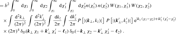 $$ \begin{aligned} &= b^2 \int _0^\infty \text{ d}{\chi _1} \int _0^\infty \text{ d}{\chi _2} \int _{\chi _1}^\infty \text{ d}{\chi ^{\prime }_1} \int _{\chi _2}^\infty \text{ d}{\chi ^{\prime }_2} n(\chi ^{\prime }_1)\, n(\chi ^{\prime }_2)\, W(\chi _1, \chi _1^{\prime })\, W(\chi _2, \chi _2^{\prime })\\&\nonumber \quad \times \int \frac{\mathrm{d} ^2{k_{\perp }}}{(2\pi )^2}\, \int \frac{\mathrm{d} ^2{k^{\prime }_{\perp }}}{(2\pi )^2} \int \frac{\text{ d}{k_{z}}}{2\pi } \int \frac{\text{ d}{k^{\prime }_{z}}}{2\pi } P\left[|({\boldsymbol{k}}_\perp , k_z)|\right]\, P\left[|({\boldsymbol{k}}^{\prime }_\perp , k^{\prime }_z)|\right] \, \mathrm{e} ^{\mathrm{i} k_{z}\,(\chi _1-\chi _2) + \mathrm{i} k^{\prime }_{z}\, (\chi ^{\prime }_1-\chi ^{\prime }_2)}\\&\nonumber \quad \times (2\pi )^4\, {\delta _\mathrm{D} }({\boldsymbol{k}}_\perp \,\chi _1+{\boldsymbol{k}}^{\prime }_\perp \,\chi ^{\prime }_1-{\boldsymbol{\ell }}_1)\, {\delta _\mathrm{D} }(-{\boldsymbol{k}}_\perp \,\chi _2-{\boldsymbol{k}}^{\prime }_\perp \,\chi ^{\prime }_2-{\boldsymbol{\ell }}_2)\;. \end{aligned} $$