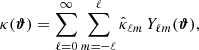 $$ \begin{aligned} \kappa ({\boldsymbol{\vartheta }})&= \sum _{\ell = 0}^\infty \sum _{m=-\ell }^\ell \hat{\kappa }_{\ell m}\, Y_{\ell m}({\boldsymbol{\vartheta }}),\end{aligned} $$