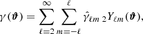 $$ \begin{aligned} \gamma ({\boldsymbol{\vartheta }})&= \sum _{\ell = 2}^\infty \sum _{m=-\ell }^\ell \hat{\gamma }_{\ell m}\, _2Y_{\ell m}({\boldsymbol{\vartheta }}), \end{aligned} $$