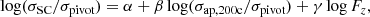 $$ \begin{aligned} \log (\sigma _\text{SC} / \sigma _\text{pivot}) = \alpha + \beta \log (\sigma _\text{ap,200c} / \sigma _\text{pivot}) + \gamma \log F_z , \end{aligned} $$