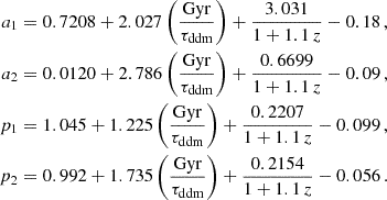 $$ \begin{aligned} a_1&= 0.7208 + 2.027\left(\frac{\mathrm{Gyr}}{\tau _{\rm ddm}}\right) + \frac{3.031}{1+1.1\,z} - 0.18 \, ,\nonumber \\ a_2&= 0.0120 + 2.786\left(\frac{\mathrm{Gyr}}{\tau _{\rm ddm}}\right) + \frac{0.6699}{1+1.1\,z} - 0.09 \, ,\nonumber \\ p_1&= 1.045 + 1.225\left(\frac{\mathrm{Gyr}}{\tau _{\rm ddm}}\right) + \frac{0.2207}{1+1.1\,z} - 0.099 \, ,\nonumber \\ p_2&= 0.992 + 1.735\left(\frac{\mathrm{Gyr}}{\tau _{\rm ddm}}\right) + \frac{0.2154}{1+1.1\,z} - 0.056 \,. \end{aligned} $$
