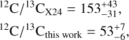 $\eqalign{ & ^{12}{\rm{C}}{/^{13}}{{\rm{C}}_{{\rm{X}}24}} = 153_{ - 31}^{ + 43}, \cr & ^{12}{\rm{C}}{/^{13}}{{\rm{C}}_{{\rm{this work }}}} = 53_{ - 6}^{ + 7}, \cr} $