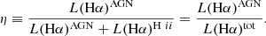 $$ \begin{aligned} \eta \equiv \frac{L(\mathrm{H} \alpha )^\mathrm{AGN} }{L(\mathrm{H} \alpha )^\mathrm{AGN} + L(\mathrm{H} \alpha )^{\mathrm{H~} \small {ii }}} = \frac{L(\mathrm{H} \alpha )^\mathrm{AGN} }{L(\mathrm{H} \alpha )^\mathrm{tot} }. \end{aligned} $$