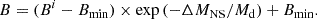 $$ \begin{aligned} B = (B^{i} - B_{\rm min})\times \exp {(-\Delta M_{\rm NS}/M_{\rm d})} + B_{\rm min}. \end{aligned} $$