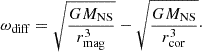 $$ \begin{aligned} \omega _{\rm diff} = \sqrt{\frac{GM_{\rm NS}}{r^{3}_{\rm mag}}} - \sqrt{\frac{GM_{\rm NS}}{r^{3}_{\rm cor}}}\cdot \end{aligned} $$