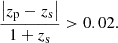 $$ \begin{aligned} \frac{\left|z_{\rm p} - z_{\rm s}\right|}{1 + z_{\rm s}} > 0.02. \end{aligned} $$