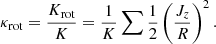 $$ \begin{aligned} \kappa _{\rm rot} = \frac{K_{\rm rot}}{K} = \frac{1}{K}\sum \frac{1}{2}\left(\frac{J_z}{R}\right)^{2}. \end{aligned} $$