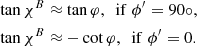 $$ \begin{aligned} \tan {\chi ^{B}}&\approx \tan \varphi , \,\,\, \mathrm{if}\; \phi ^{\prime }=90\circ , \\ \tan {\chi ^{B}}&\approx - \cot {\varphi }, \,\,\, \mathrm{if}\; \phi ^{\prime }=0. \end{aligned} $$
