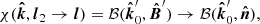 $$ \begin{aligned} \chi (\boldsymbol{\hat{k}}, \boldsymbol{l}_2 \rightarrow \boldsymbol{l}) = \mathcal{B} (\boldsymbol{\hat{k}}^{\prime }_0, \boldsymbol{\hat{B}}^{\prime }) \rightarrow \mathcal{B} (\boldsymbol{\hat{k}}^{\prime }_0, \boldsymbol{\hat{n}}), \end{aligned} $$