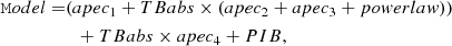 $$ \begin{aligned} \mathtt Model =&\mathtt (apec_1 + TBabs\times (apec_2 + apec_3 + powerlaw)) \nonumber \\&\quad \mathtt +~TBabs\times apec_4 + PIB , \end{aligned} $$