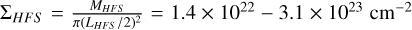 ${\Sigma _{HFS}} = {{{M_{HFS}}} \over {\pi {{\left( {{L_{HFS}}/2} \right)}^2}}} = 1.4 \times {10^{22}} - 3.1 \times {10^{23}}{\rm{c}}{{\rm{m}}^{ - 2}}$