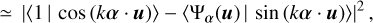 $ \simeq {\left| {\langle 1\mid \cos (k{\bf{\alpha }} \cdot u)\rangle - \left\langle {{\Psi _{\bf{\alpha }}}(u)\mid \sin (k{\bf{\alpha }} \cdot u)} \right\rangle } \right|^2},$