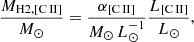 $$ \begin{aligned} \dfrac{M_{\rm H2, {[C\,II]}}}{M_{\odot }} = \dfrac{\alpha _{\rm {[C\,II]}}}{M_{\odot }\,L_{\odot }^{-1}} \dfrac{L_{\rm {[C\,II]}}}{L_{\odot }} ,\end{aligned} $$