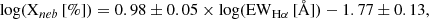 $$ \begin{aligned} \log (\mathrm{X}_{neb}\,[\%])&= 0.98\pm 0.05 \times \log (\mathrm{EW}_{\mathrm{H}\alpha }\,[\AA ]) - 1.77\pm 0.13, \end{aligned} $$