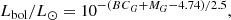 $$ \begin{aligned} L_{\rm bol}/L_\odot = 10^{-(BC_G + M_G-4.74)/2.5} ,\end{aligned} $$