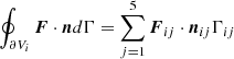 $ \oint_{\partial V_{i}}\boldsymbol{F}\cdot \boldsymbol{n} d \Gamma=\sum\limits_{j=1}^{5}\boldsymbol{F}_{ij}\cdot \boldsymbol{n}_{ij} \Gamma_{ij} $