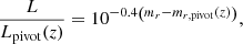 $$ \begin{aligned} \frac{L}{L_{\rm pivot}(z)} = 10^{-0.4 \left( m_r - m_{r, \mathrm {pivot}}(z) \right)} , \end{aligned} $$