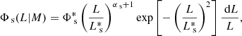 $$ \begin{aligned} \Phi _\text{ s} (L|M) = \Phi _{\text{ s}}^* \left( \frac{L}{L_{\text{ s}}^{*}} \right)^{\alpha _\text{ s}+1} \exp \left[ - \left( \frac{L}{L_{\text{ s}}^{*}} \right)^2 \right] \frac{\text{ d}L }{L}, \end{aligned} $$