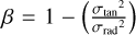 $\beta = 1 - \left( {{{{\sigma _{{{\tan }^2}}}} \over {{\sigma _{{\rm{rad}}}}^2}}} \right)$