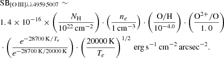 Mathematical equation: $$ \begin{aligned} \begin{aligned}&\mathrm{SB}_{\mathrm{[O\,III]\lambda \lambda 4959,5007}} \sim \\&1.4 \times 10^{-16} \times \left(\frac{N_{\rm H}}{10^{22}\,\mathrm{cm^{-2}}}\right) \cdot \left(\frac{n_e}{1\,\mathrm{cm^{-3}}}\right) \cdot \left(\frac{\mathrm{O/H}}{10^{-4.0}}\right) \cdot \left(\frac{\mathrm{O^{2+}/O}}{1.0}\right) \\&\cdot \left(\frac{e^{-28700\,\mathrm{K}/T_e}}{e^{-28700\,\mathrm{K}/20000\,\mathrm{K}}}\right) \cdot \left(\frac{20000\,\mathrm{K}}{T_e}\right)^{1/2}\,\mathrm{erg\,s^{-1}\,cm^{-2}\,arcsec^{-2}}. \end{aligned} \end{aligned} $$