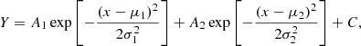 $$ \begin{aligned} Y = A_1 \exp {\left[-\frac{(x-\mu _1)^2}{2\sigma _1^2} \right]} + A_2 \exp {\left[-\frac{(x-\mu _2)^2}{2\sigma _2^2}\right]} + C , \end{aligned} $$