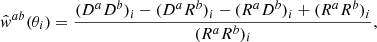 $$ \begin{aligned} \hat{{ w}}^{ab}(\theta _i) = \frac{(D^aD^b)_i-(D^aR^b)_i-(R^aD^b)_i+(R^aR^b)_i}{(R^aR^b)_i}, \end{aligned} $$