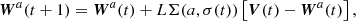$$ \begin{aligned} \boldsymbol{W}^a(t+1) = \boldsymbol{W}^a(t) + L \Sigma (a, \sigma (t)) \left[\boldsymbol{V}(t)-\boldsymbol{W}^a(t) \right], \end{aligned} $$