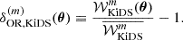 $$ \begin{aligned} \mathcal \delta ^{(m)}_{\mathrm{OR, KiDS} }(\boldsymbol{\theta }) \equiv \frac{\mathcal{W} ^{m}_{\mathrm{KiDS} }(\boldsymbol{\theta })}{\overline{\mathcal{W} ^{m}_{\mathrm{KiDS} }}}-1. \end{aligned} $$