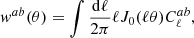 $$ \begin{aligned} { w}^{ab}(\theta ) = \int \frac{\mathrm{d}\ell }{2\pi } \ell J_0(\ell \theta ) C^{ab}_{\ell }, \end{aligned} $$