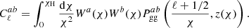 $$ \begin{aligned} C^{ab}_{\ell } = \int _0^{\chi _{\mathrm{H} }} \frac{\mathrm{d} \chi }{\chi ^2}W^{a}(\chi )W^{b}(\chi )P^{ab}_{\mathrm{gg} } \left(\frac{\ell +1/2}{\chi },z(\chi )\right). \end{aligned} $$