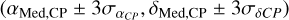 $\left( {{\alpha _{{\rm{Med}},{\rm{CP}}}} \pm 3{\sigma _{{\alpha _{CP}}}},{\delta _{{\rm{Med}},{\rm{CP}}}} \pm 3{\sigma _{\delta CP}}} \right)$