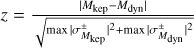 $z = {{\left| {{M_{{\rm{kep}}}} - {M_{{\rm{dyn}}}}} \right|} \over {\sqrt {\max {{\left| {\sigma _{{M_{{\rm{kep}}}}}^ \pm } \right|}^2} + \max {{\left| {{\sigma _{{M_{{\rm{dyn}}}}}}} \right|}^2}} }}$