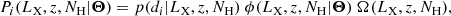 $$ \begin{aligned} P_i({L_{\rm X}}, z, {N_{\rm H}} | \boldsymbol{\Theta }) = p(d_i | {L_{\rm X}}, z, {N_{\rm H}})~\phi ({L_{\rm X}}, z, {N_{\rm H}} | \boldsymbol{\Theta })~\Omega ({L_{\rm X}}, z, {N_{\rm H}}), \end{aligned} $$