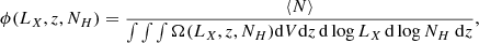 $$ \begin{aligned} \phi (L_X,z,N_H) = \dfrac{\langle N \rangle }{\int \int \int \Omega (L_X,z,N_H) {\mathrm{d}V}{\mathrm{d}z}\, \mathrm{d} \log L_X\,\mathrm{d} \log N_H~\mathrm{d} z} , \end{aligned} $$