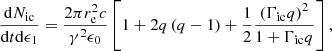 $$ \begin{aligned} \frac{\mathrm{d}N_{\rm ic}}{\mathrm{d}t\mathrm{d}\epsilon _1}=\frac{2\pi r^2_{\rm e}c}{\gamma ^2\epsilon _0}\left[1+2q\left(q-1\right)+\frac{1}{2}\frac{\left(\Gamma _{\rm ic} q\right)^2}{1+\Gamma _{\rm ic} q}\right], \end{aligned} $$