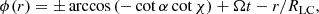 $$ \begin{aligned} \phi (r)=\pm \arccos \left(-\cot {\alpha }\cot {\chi }\right)+\Omega t-r/R_{\rm LC}, \end{aligned} $$