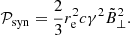$$ \begin{aligned} \mathcal{P} _{\rm syn}=\frac{2}{3}r^2_{\rm e}c\gamma ^2 \tilde{B}^2_{\perp }. \end{aligned} $$